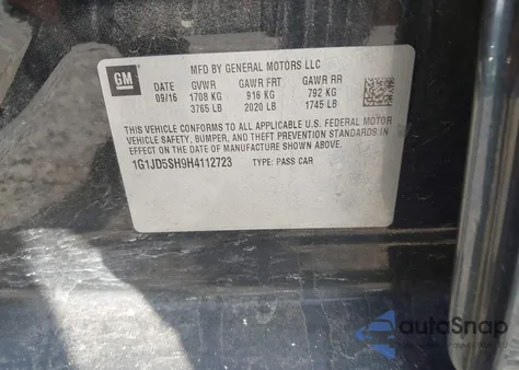 2017 Chevrolet Sonic Lt Auto из США, поврежденный, VIN 1G1JD5SH9H4112723